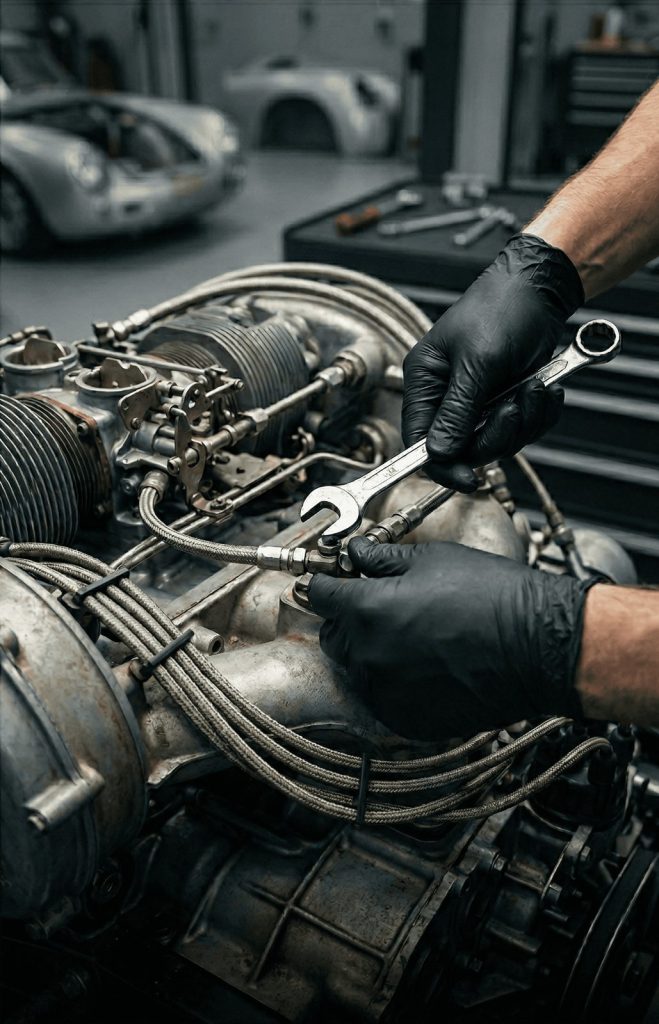 Mains gantées serrant un écrou sur un moteur à plat de voiture ancienne