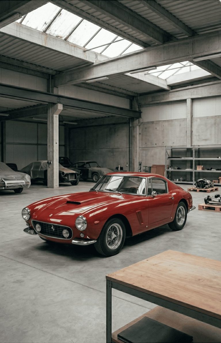 Coupé ancien rouge dans un atelier lumineux