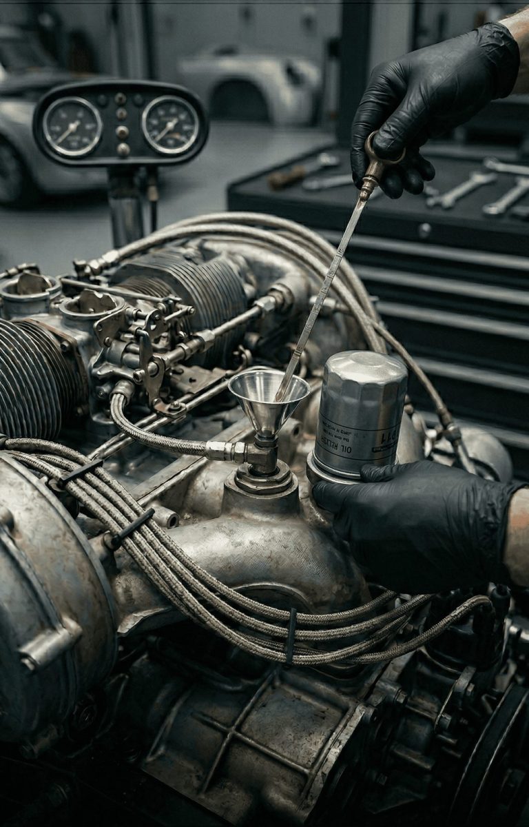 Remplissage d'huile sur un moteur de voiture de collection