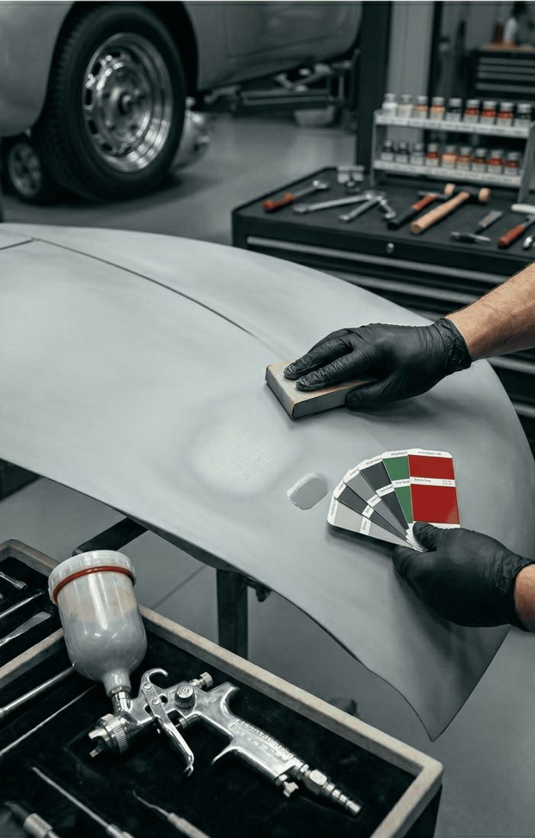 Ponçage d'un élément de carrosserie avant peinture, nuancier de teintes et pistolet